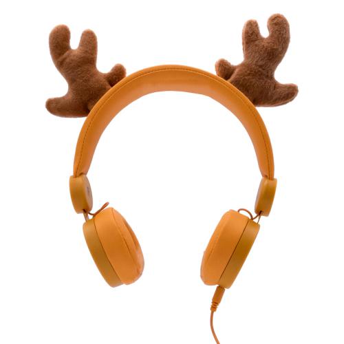 Vista frontal dos auscultadores KidyWolf c/fio Rena, mostrando o design simétrico, as almofadas auriculares e o cabo de ligação.