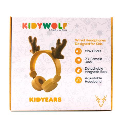 Embalagem dos auscultadores KidyWolf Kidyears, mostrando o produto e ícones que destacam as suas características: Max 85dB e orelhas magnéticas.