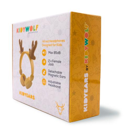 Vista em ângulo da caixa dos auscultadores KidyWolf Kidyears com design de rena, exibindo a lateral e a frente da embalagem.