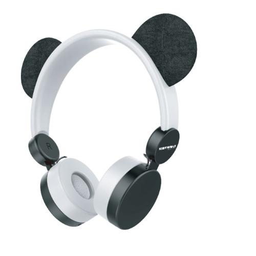 KidyWolf Headphones c/fio Panda brancos e pretos com orelhas magnéticas de panda, vistos de lado.