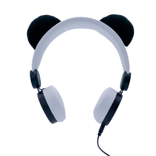 KidyWolf Headphones c/fio Panda brancos e pretos com orelhas magnéticas, vistos de frente.