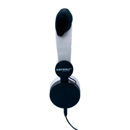 KidyWolf Headphones c/fio Panda dobrados, mostrando um auricular e a bandolete com uma orelha magnética.