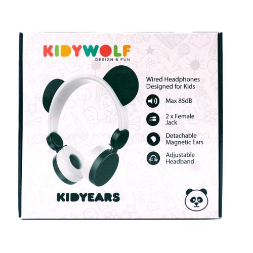 Caixa dos KidyWolf Headphones c/fio Panda, destacando características como limite de 85dB e orelhas magnéticas.