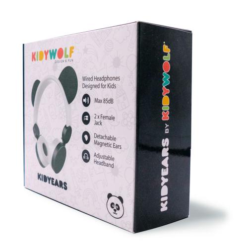 Caixa dos KidyWolf Headphones c/fio Panda, vista em perspetiva, mostrando o design e a marca.