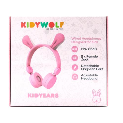 Caixa dos auscultadores KidyWolf KidyEars cor-de-rosa com imagem do produto e lista de características como 85dB, dual jack, orelhas magnéticas e banda ajustável.