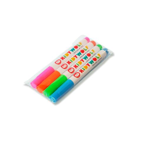 Pack de 4 marcadores Kidywolf laváveis fluorescentes em rosa, laranja, verde e azul, prontos a usar.