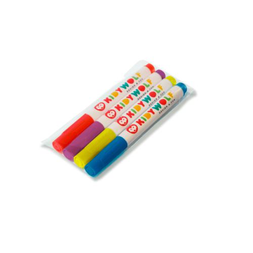 Kit de 4 Kidywolf Marcadores Laváveis em vermelho, roxo, amarelo e azul, na sua embalagem transparente.