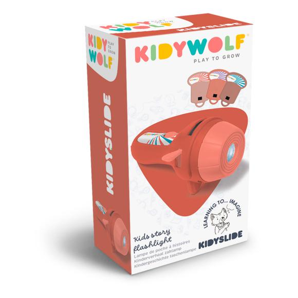 Embalagem da KidyWolf KIDYSLIDE Lanterna Projetor de histórias, destacando o design do produto e a marca.