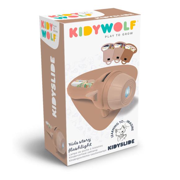 Embalagem da KidyWolf Lanterna Projector KIDYSLIDE bege, exibindo o produto e a marca "KidyWolf Play to Grow".