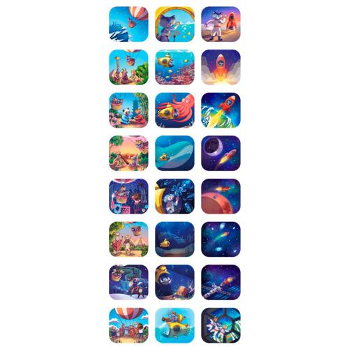 Várias imagens em miniatura de slides de histórias da KidyWolf, com temas como balões de ar quente, vida marinha e exploração espacial.