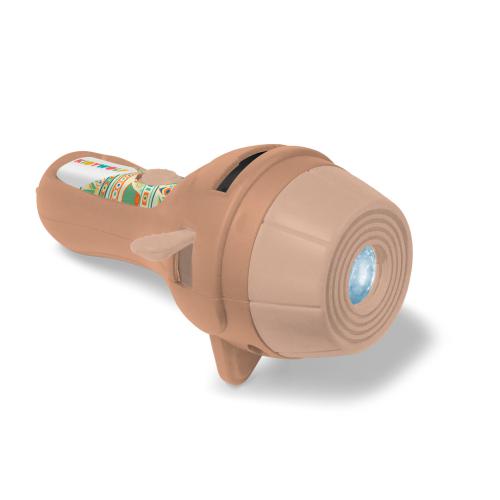 Lanterna projector KidyWolf KIDYSLIDE bege, mostrando o foco de luz azul e o slot para os slides de histórias.