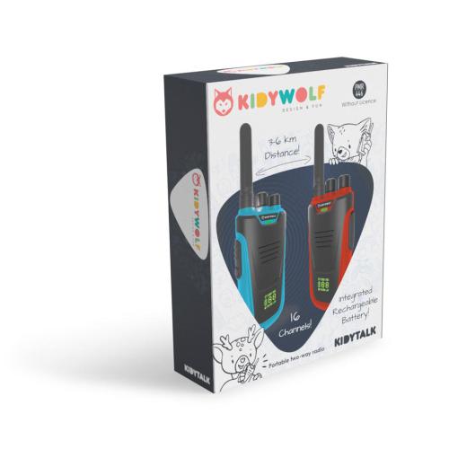 Embalagem do conjunto KidyWolf Walkie Talkie, mostrando os dois rádios em azul e vermelho, e destacando o alcance de 6km e 16 canais.