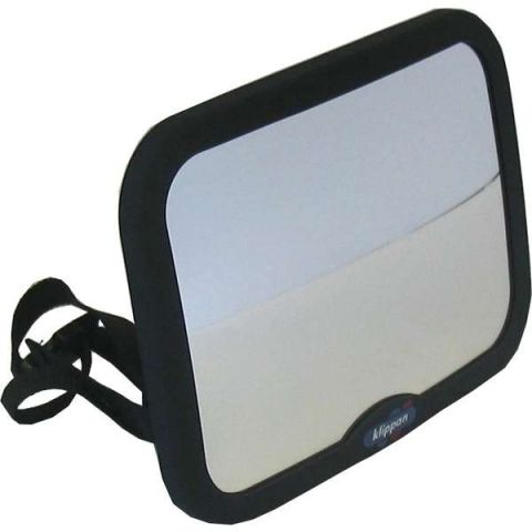Espelho de segurança Klippan para automóvel, com moldura preta e alças ajustáveis para fácil instalação.