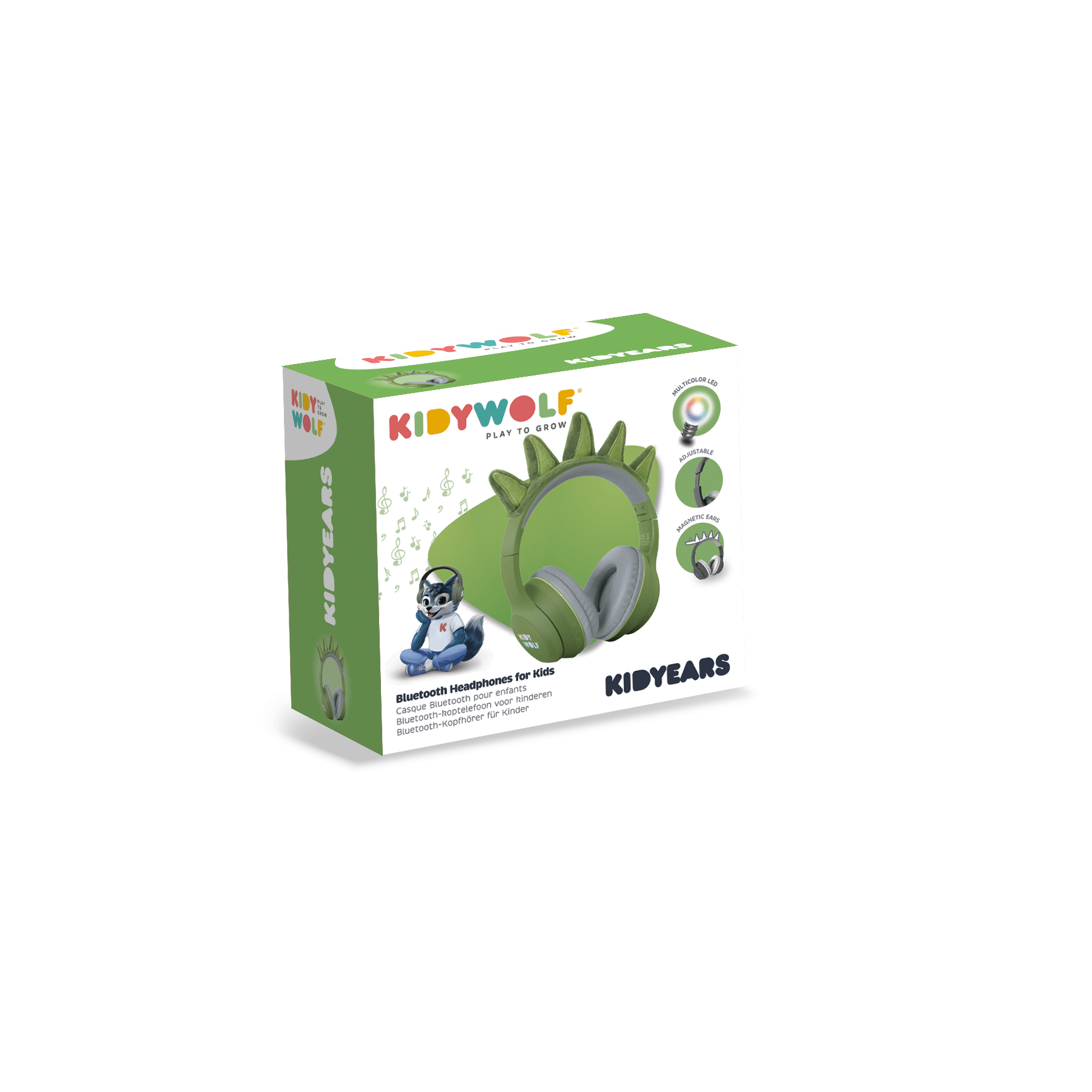 Embalagem dos auscultadores KidyWolf KIDYEARS com Bluetooth, mostrando o design de dinossauro verde e destacando características como luz LED e orelhas magnéticas.