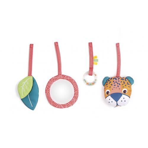 Quatro brinquedos sensoriais removíveis do Ludi Tapete de Atividades Tucano: folha, espelho, mordedor em anel e cabeça de leopardo com som.