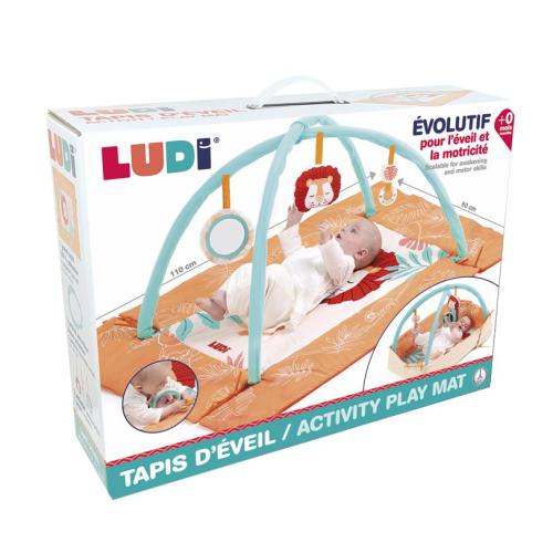 Embalagem do Ludi Tapete de Atividades Leão, mostrando o produto montado com um bebé e as dimensões.