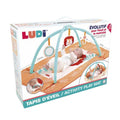 Embalagem do Ludi Tapete de Atividades Leão, mostrando o produto montado com um bebé e as dimensões.