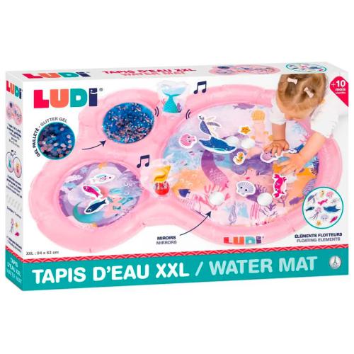 Caixa do Ludi Tapete de água Insuflável Sereia - Jogo Sensorial, mostrando o produto rosa com elementos flutuantes e purpurinas, e um bebé a brincar.