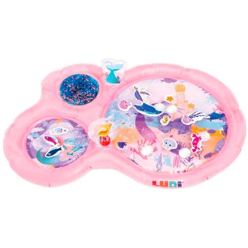 Ludi Tapete de água Insuflável Sereia - Jogo Sensorial em tons de rosa, com design em forma de 8, elementos aquáticos internos e detalhes de sereia.
