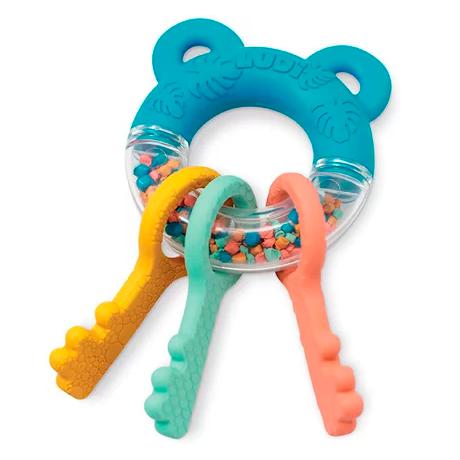 Ludi Anel de Dentição Chaves e Guizo em tons de azul, amarelo, verde-água e coral, com guizo colorido no anel principal.