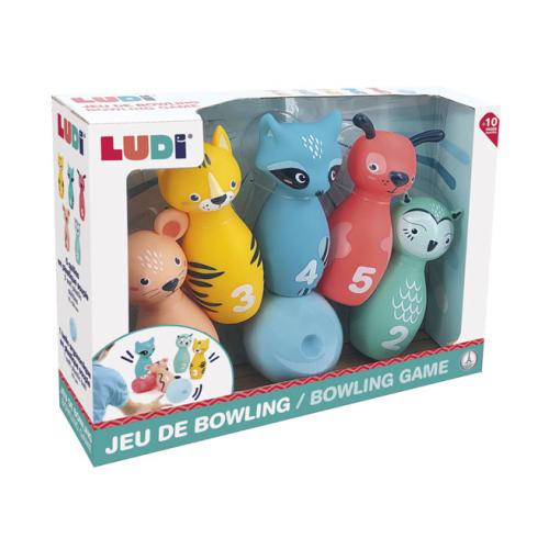 Conjunto Ludi Jogo de Bowling Animais na caixa, mostrando cinco pinos coloridos em forma de animais e uma bola azul.