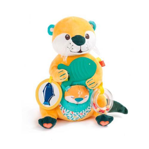 Brinquedo Ludi Lontra com atividades em fundo branco, exibindo a lontra de peluche laranja com o bebé lontra no bolso, mordedor de peixe e chocalho.