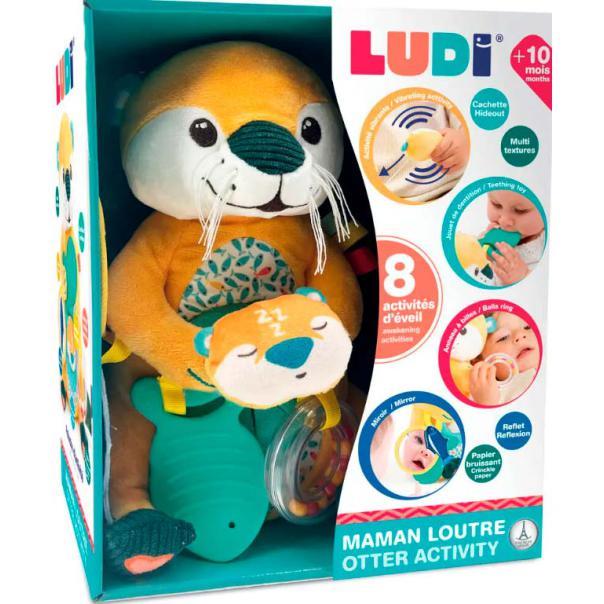 Caixa do brinquedo Ludi Lontra com atividades, mostrando a lontra de peluche e gráficos que destacam as 8 atividades sensoriais para bebés +10 meses.