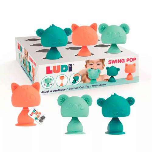 Conjunto de três Ludi Animais com ventosa (macaco, guaxinim, koala) em silicone colorido, apresentados na embalagem original da Ludi.