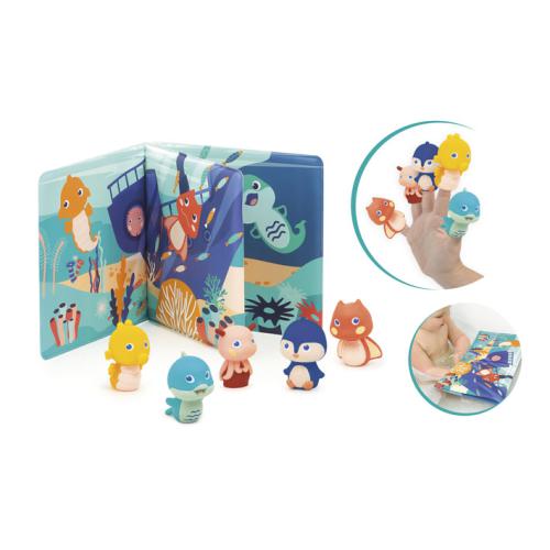Ludi Conjunto de livro e fantoches para banho, com livro ilustrado de tema marinho e fantoches, mostrando o uso no banho.