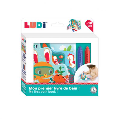 Embalagem do Ludi Livro de pintar no banho, mostrando o design do livro com personagens aquáticos e os lápis, com indicação de +10 meses.