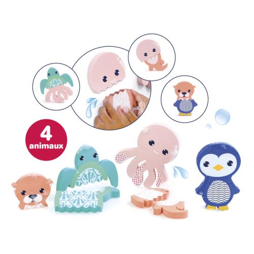 Conjunto de 4 brinquedos de banho Ludi Mistura e Completa, com animais em EVA macio: lontra, tartaruga, polvo e pinguim, mostrando as peças destacáveis e a sua capacidade de absorver água.