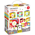 Conjunto Banana Panda Pack Bebé 4 Livros "Little Explorers Library" em caixa branca com pega, mostrando os quatro livros educativos para crianças a partir de 1 ano.