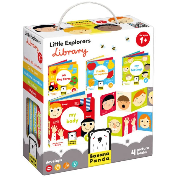 Conjunto Banana Panda Pack Bebé 4 Livros "Little Explorers Library" em caixa branca com pega, mostrando os quatro livros educativos para crianças a partir de 1 ano.