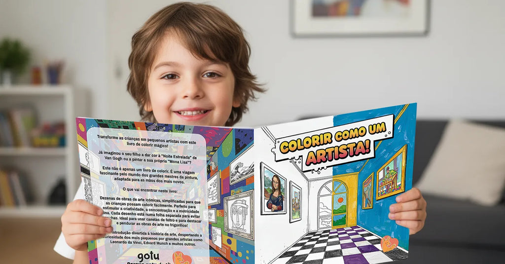 Criança sorridente a segurar o livro de colorir "Colorir como um artista!", mostrando a capa vibrante com ilustrações de um museu e a Mona Lisa.
