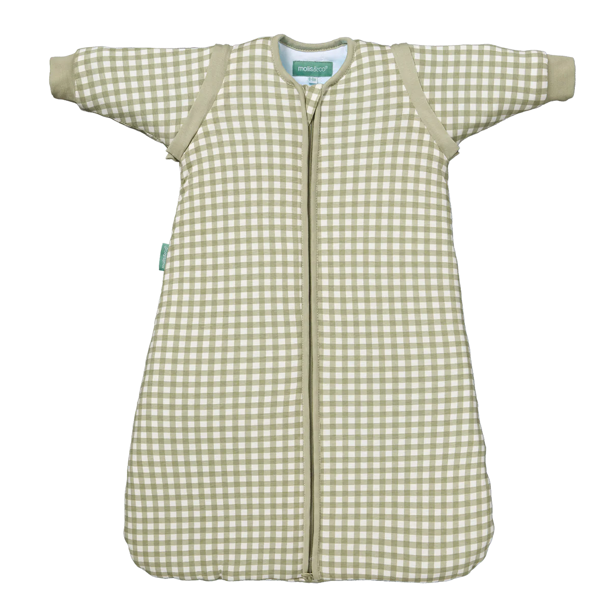 Vista frontal do saco de dormir MolisandCo TOG 2.5 sem pés Mint Tea com mangas, em padrão xadrez verde e branco.
