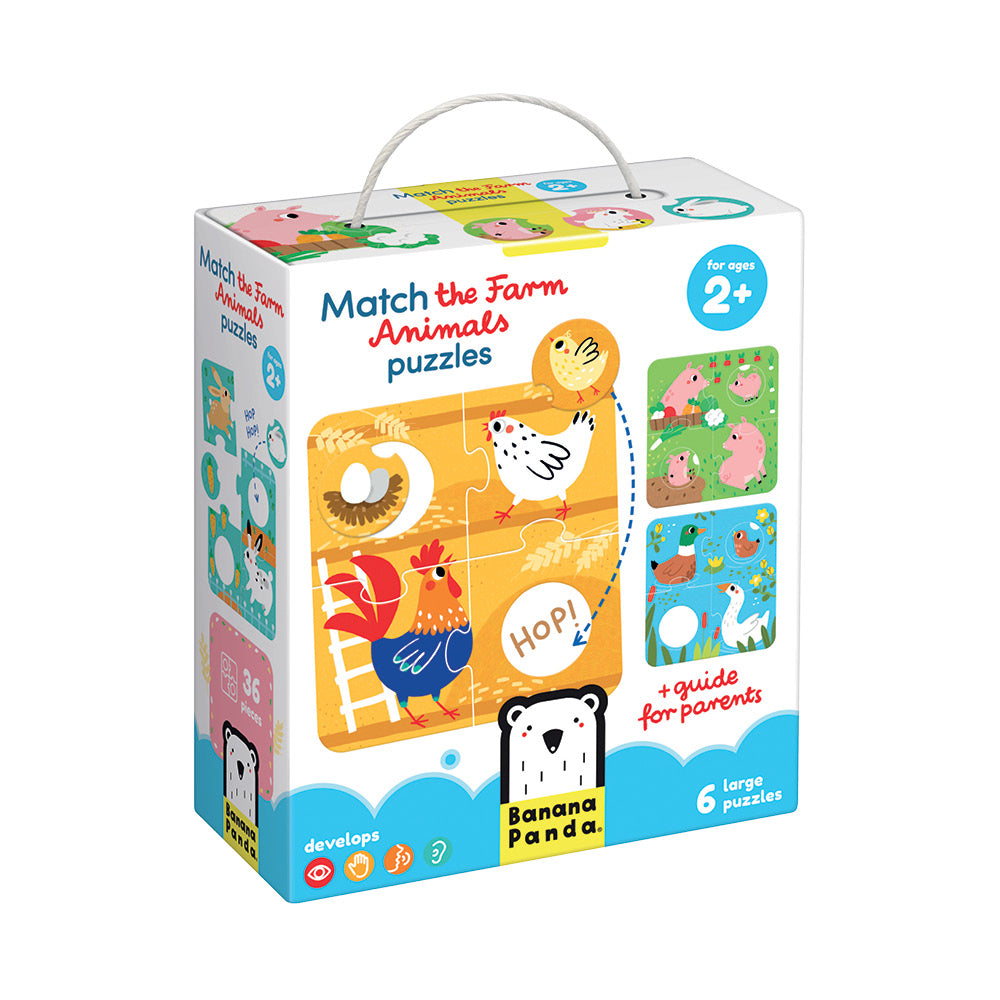 Caixa do Banana Panda Puzzle de Correspondência Animais da Quinta, mostrando ilustrações de galo, galinha, porcos e patos, com indicação "for ages 2+" e "large 6 puzzles".
