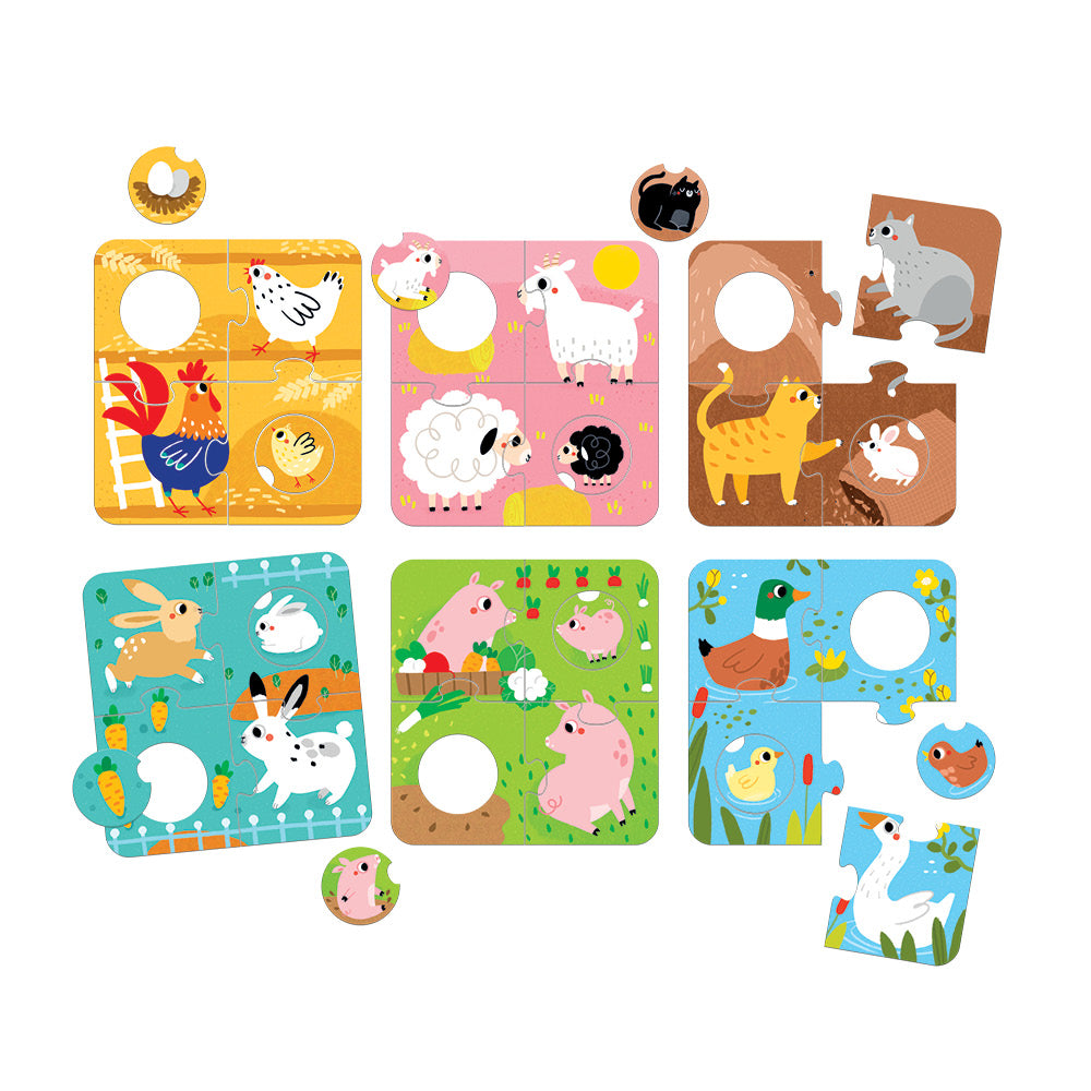 Conjunto completo dos 6 puzzles de correspondência Banana Panda Animais da Quinta desconstruídos, com peças circulares separadas, mostrando galinhas, ovelhas, gatos, coelhos, porcos e patos.