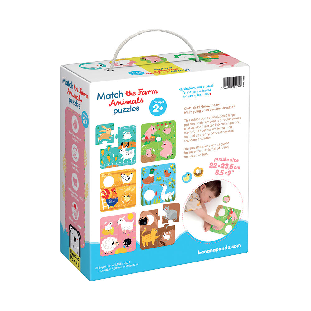 Vista traseira da caixa do Banana Panda Puzzle de Correspondência Animais da Quinta, mostrando mais ilustrações, dimensões do puzzle (22x23.5 cm) e texto em inglês.
