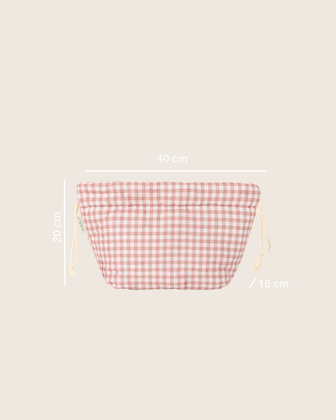 Organizador de mala de bebé MolisandCo Dusty Rose com indicação das medidas, 40 cm de largura por 20 de altura