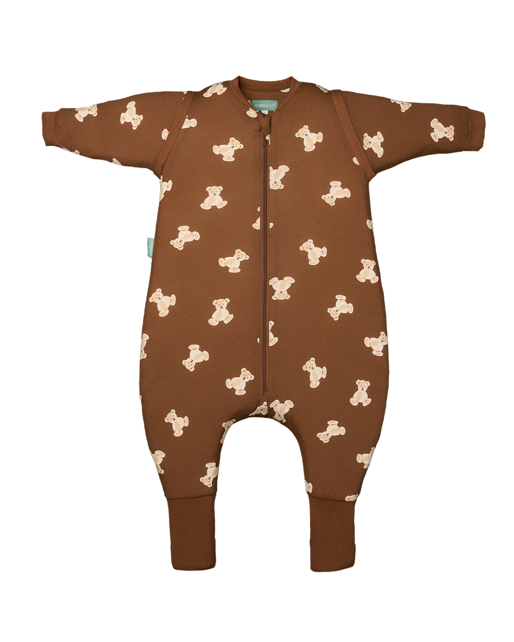Pijama manta MolisandCo TOG 1.0 com pés e mangas na cor Teddy Mocca, vestido por uma criança