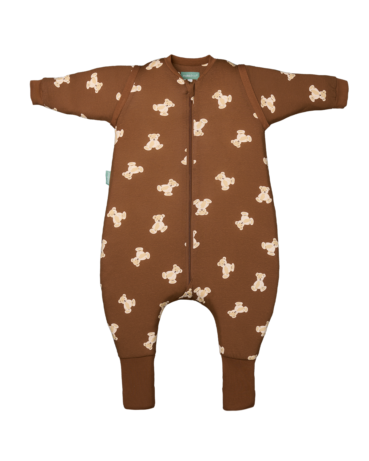 Pijama manta MolisandCo TOG 1.0 com pés e mangas na cor Teddy Mocca, vestido por uma criança