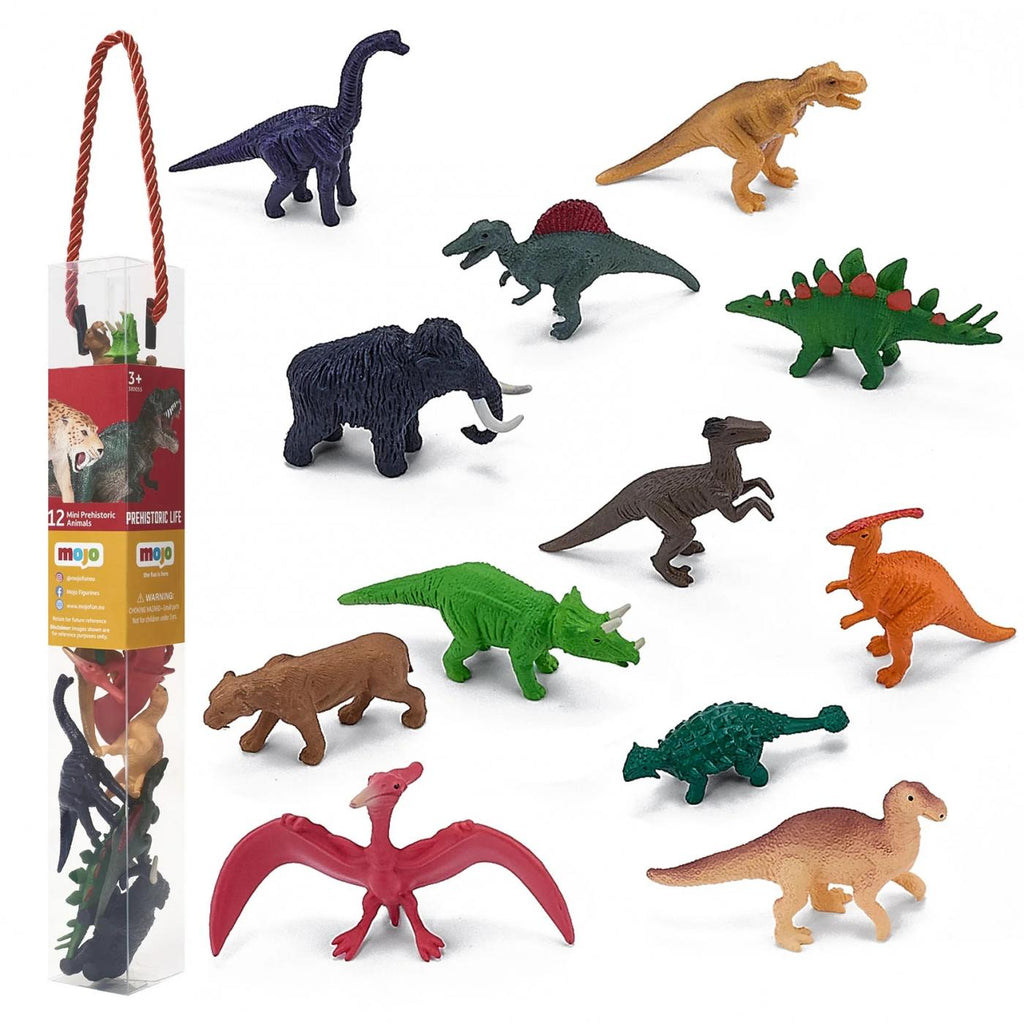 Conjunto de 12 figuras Mojo de animais pré-históricos, incluindo dinossauros e um mamute, dispostas sobre um fundo branco com a embalagem transparente ao lado.