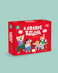Caixa do jogo de tabuleiro "THE HAPPY GANG - Party Gang - A Grande Batalha" em vermelho vivo, com uma ilustração de uma família a rir e a jogar no sofá, com balões de fala como "AHH!" e "YEAH!".