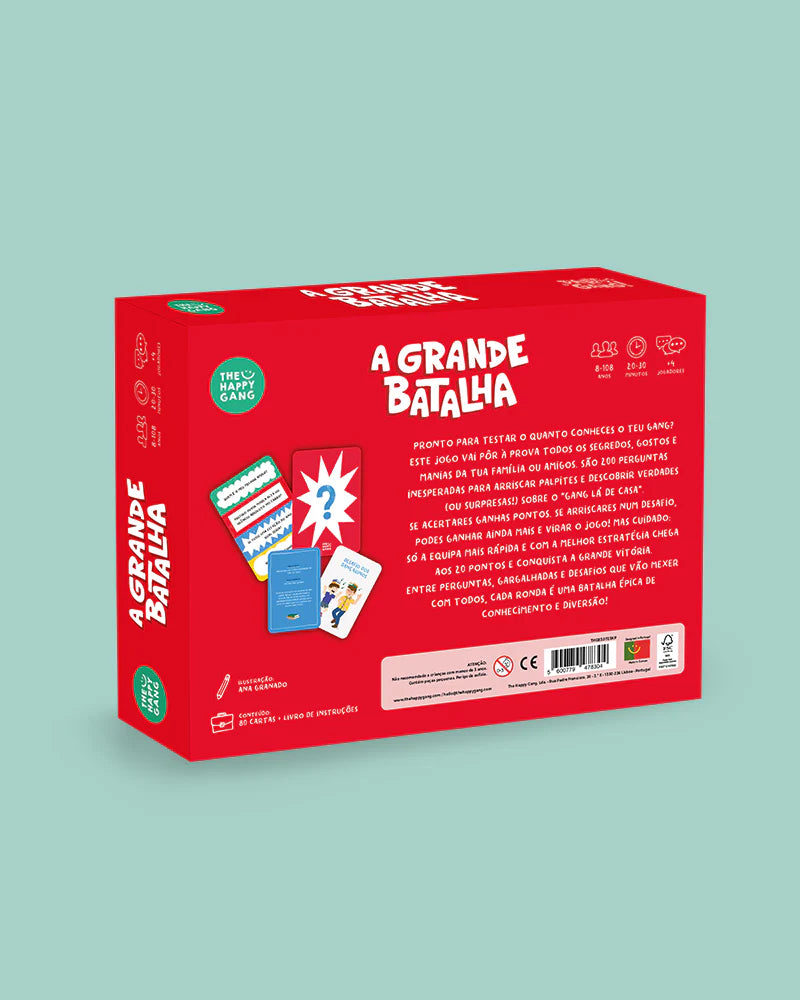 Vista traseira da caixa do jogo "THE HAPPY GANG - Party Gang - A Grande Batalha", mostrando a descrição do jogo, o conteúdo, a faixa etária e o número de jogadores.