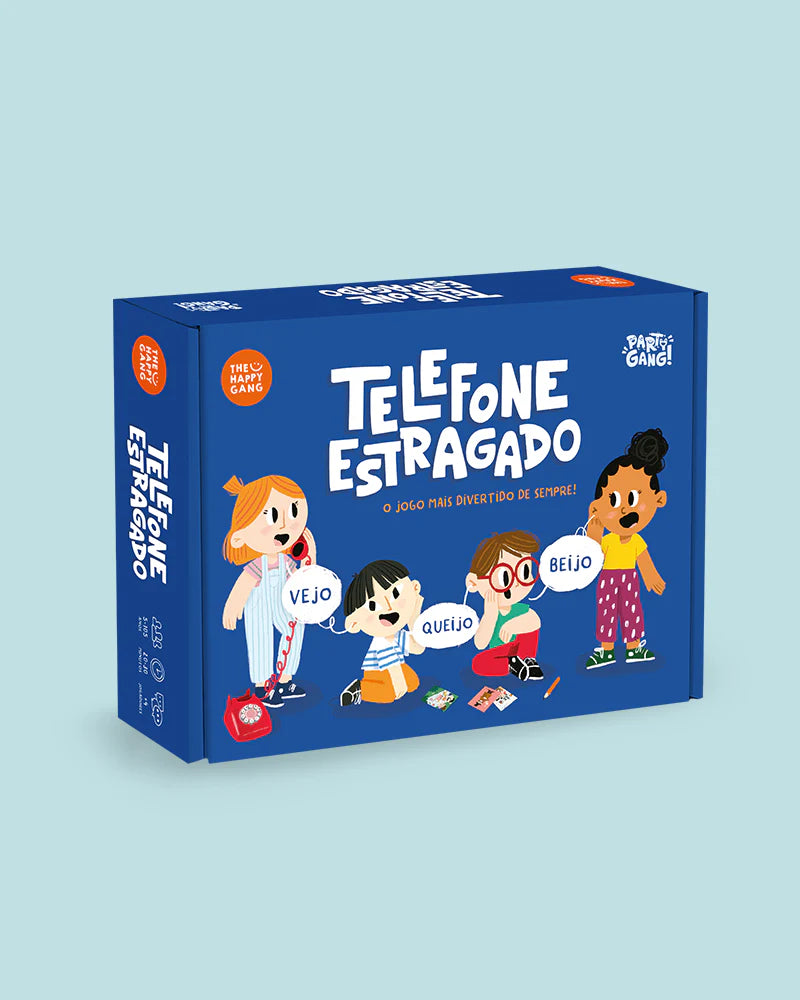 Caixa do jogo THE HAPPY GANG - Party Gang - Telefone Estragado em azul, com ilustrações de crianças a sussurrar e a segurar um telefone vermelho.