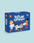 Caixa do jogo THE HAPPY GANG - Party Gang - Telefone Estragado em azul, com ilustrações de crianças a sussurrar e a segurar um telefone vermelho.
