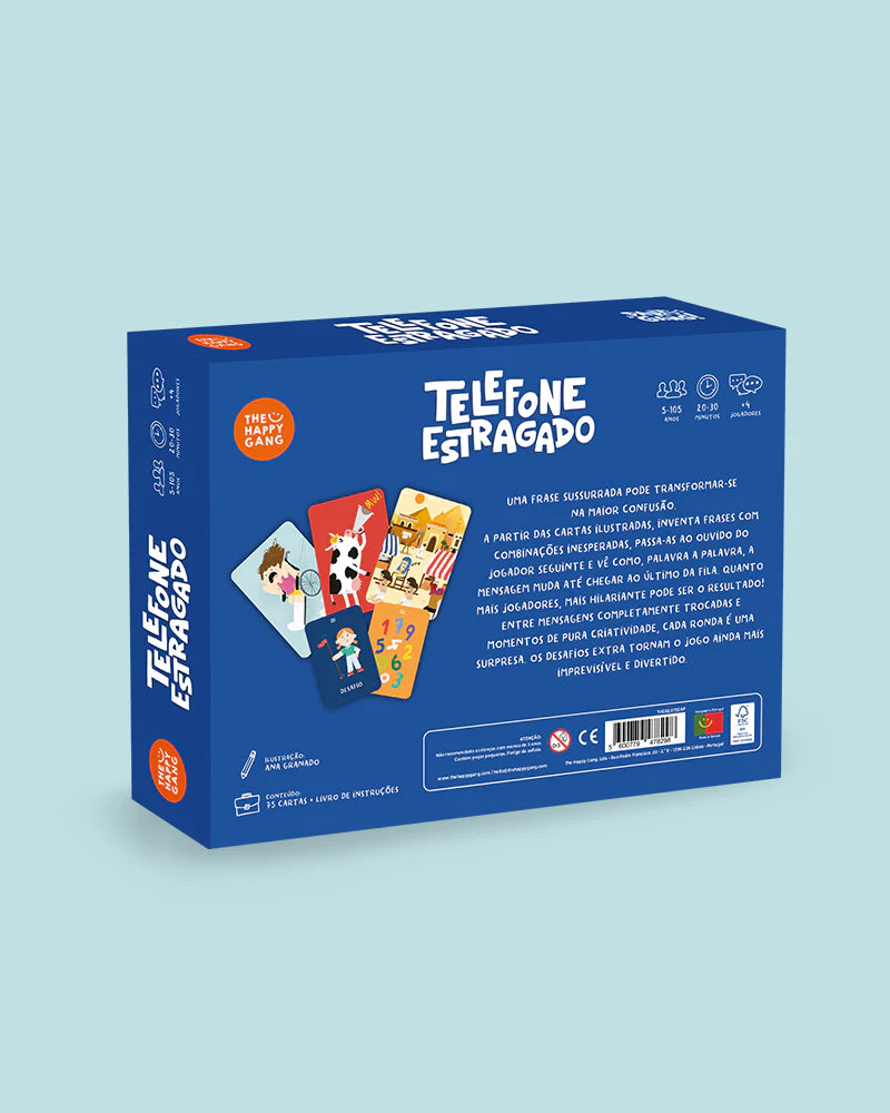 Vista traseira da caixa do jogo Telefone Estragado, mostrando ilustrações de cartas, descrição do jogo e informações de conteúdo e idade recomendada.
