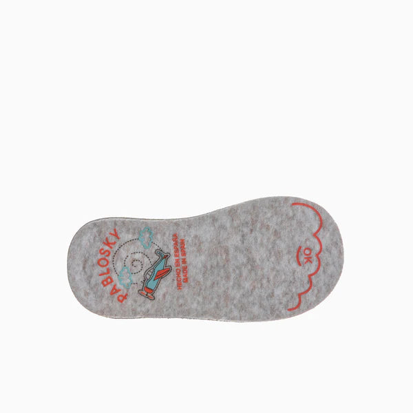 Palmilha térmica removível da bota Pablosky Barefoot Nobuck Tech Marino, com design infantil e indicação "Made in Spain".