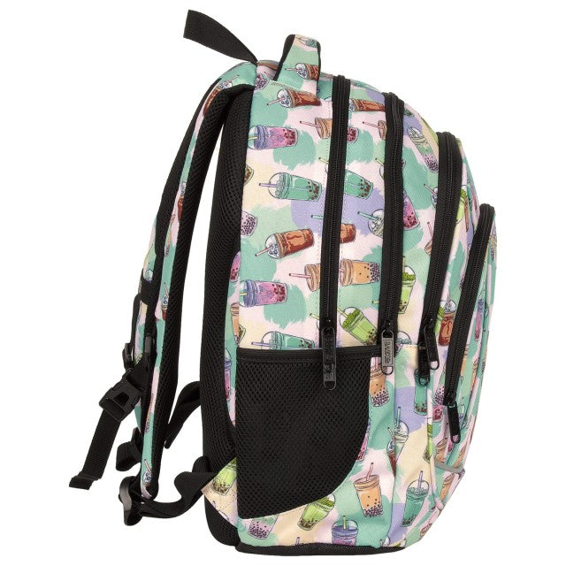 Vista lateral da mochila com bolso para garrafa de água