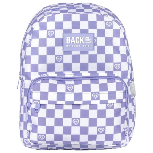 Detalhe do padrão xadrez roxo e branco com corações